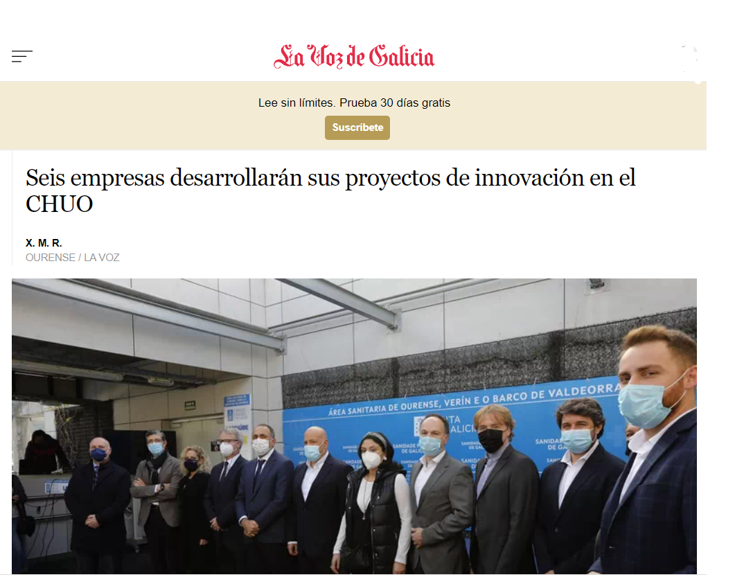 Noticia en el portal digital La Voz de Galicia. Seis Noticias Accede al sitio web de La Voz de Galicia. Seis empresas desarrollarán sus proyectos de innovación en el CHUO. Abre en ventana nueva.