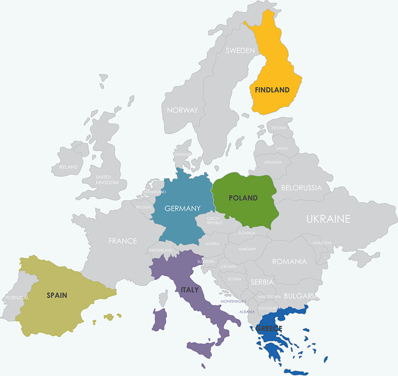 Mapa Europy z zaznaczonymi firmami i krajami uczestniczącymi w projekcie