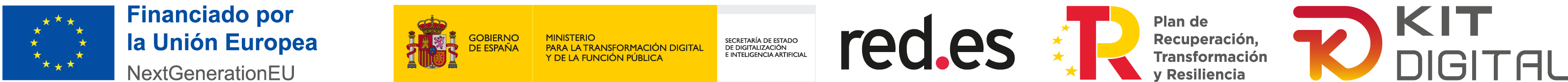 Logos de: Financiado por la Unión Europea, Secretaría de estado de digitalización e inteligencia artificial del gobierno de España, Red.es, Plan de recuperación transformación y resiliencia, Kit digital.